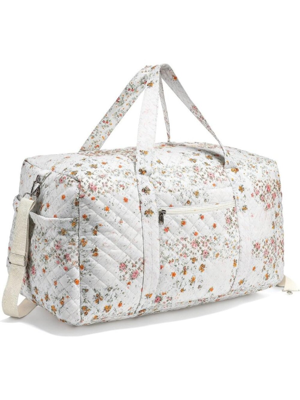 Large Quilted Travel Duffle Bag for Women, Light Colored Spliced Floral